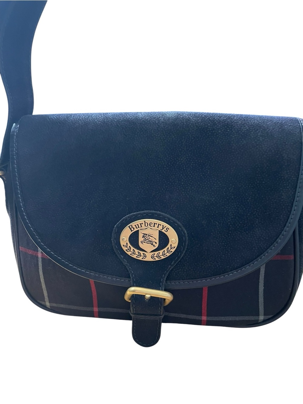 Vintage Burberrys Navy Plaid Crossbody Flap Bag Gold Crest Suede Trim
